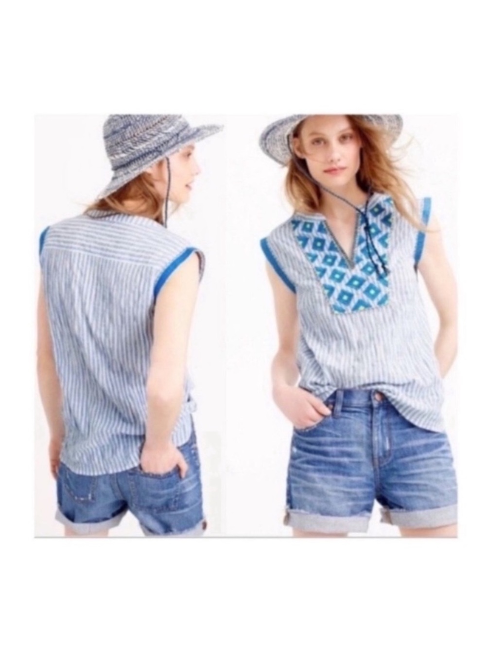 J. Crew Blue Embroidered Medallion Striped Sleeveless Cotton Top